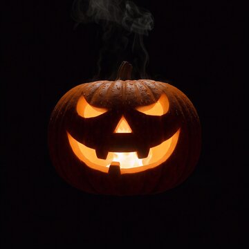 Una calabaza de Halloween tallada (Jack-o'-Lantern) con una sonrisa malvada y ojos en llamas, humeando sobre un fondo negro oscuro.