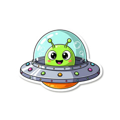 Cute cartoon alien character with big eyes inside a flying saucer spaceship with a transparent dome.