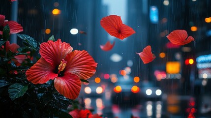 Bright red hibiscus flowers catch the eye while raindrops fall in a bustling city scene
