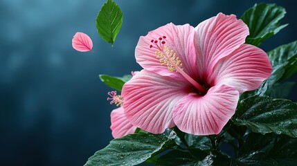 A vibrant pink hibiscus blooms among lush green leaves, evoking a tropical vibe