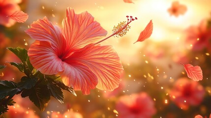 Hibiscus flowers glow in the evening light, with drifting petals in a serene garden
