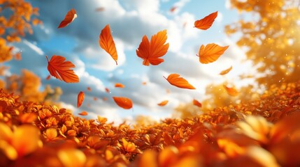 Colorful orange leaves swirl in the air on a sunny autumn day, creating joy