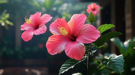 Hibiscus flowers display vibrant pink petals, soaking up the warm sunshine in a garden