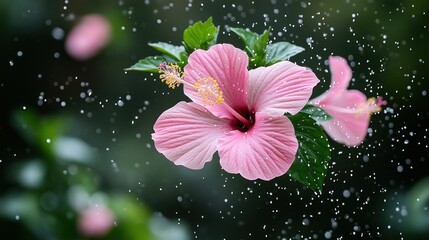 A vibrant pink hibiscus bloom basks in sunlight while water droplets sparkle around it