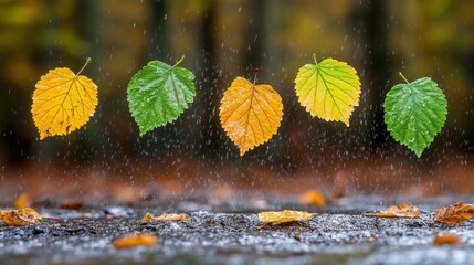 Bright green, yellow, and orange leaves hover while gentle rain falls in a forest setting
