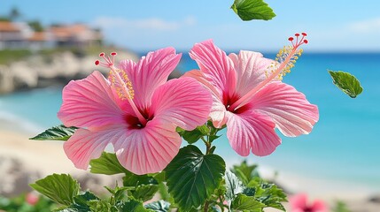 Two vibrant pink hibiscus flowers stand tall by a beautiful shoreline under clear skies