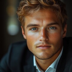 A young man with striking features poses confidently in a dimly lit room