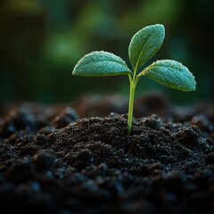 A delicate green seedling stands vibrant and fresh amid dark soil at sunrise