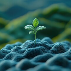 A small green plant grows amid soft, textured earth in a serene landscape
