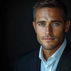 A handsome man in a sharp suit smiles softly with blue eyes, standing proudly