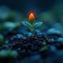 A small sprout pushes through the earth, illuminated gently by morning light
