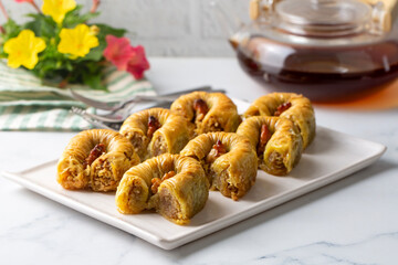 Traditional Turkish dessert called Bulbul Nest , Special baklava with walnut inside and pistachio powder on it, Sherbet dessert which is Turkish name is 'Bulbul Yuvasi'