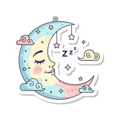 Adorable cartoon crescent moon sleeping peacefully amidst twinkling stars and fluffy pastel clouds, a sweet dream illustration.