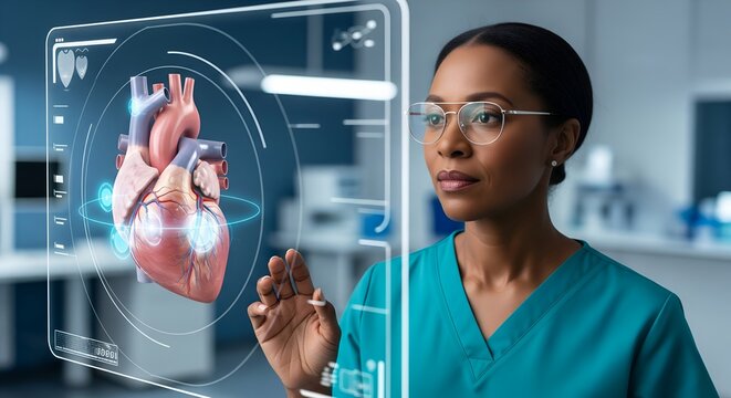 A focused Black female medical professional or cardiologist uses a futuristic holographic interface to analyze a 3D human heart model in a modern clinical setting