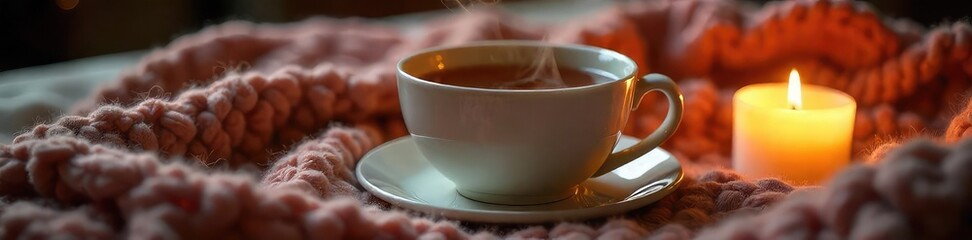 A steaming cup of tea rests on a warm, cozy knit blanket next to a lit candle, creating a relaxing and comforting atmosphere perfect for unwinding , lit, peaceful