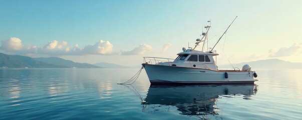 A sturdy anchorage boat bobs gently on calm waters, its hull reflecting the tranquil sky Ready for mooring and providing secure shelter for smaller vessels , river, wildlife