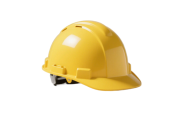 A yellow safety helmet designed for protection in construction work environments.
