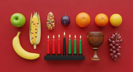 Kwanzaa celebration elements with kinara and traditional fruits on red background