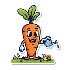 Cute cartoon carrot character watering plants with a small blue watering can, standing on green grass with a snail and ladybugs, in a friendly illustration style.