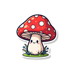 A cute cartoon mushroom with a red cap and white spots, smiling in a grassy field.