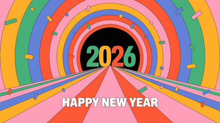 Happy new year 2026 celebration with colorful tunnel and confetti