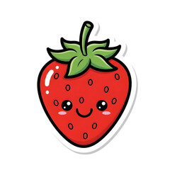 A cute cartoon strawberry character with a happy smiling face, designed as a kawaii sticker illustration.