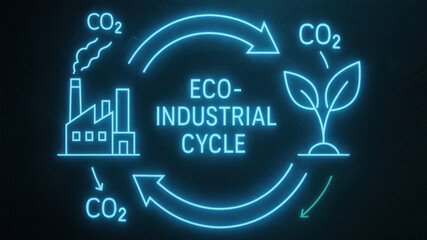 Naklejka premium Eco industrial cycle neon illustration showing plasma technology for CO2 recycling and green steel industry promoting circular manufacturing and sustainable process with plant and factory symbols
