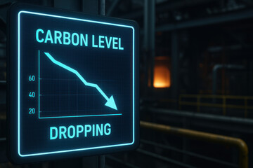 Carbon level technology co2 recycling green steel industry showing falling graph and industrial furnace in background conveying sustainable manufacturing progress