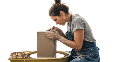 Concentrated female artist meticulously shaping a large block of wet clay on a spinning pottery wheel, showcasing traditional craftsmanship and artistic creation in a studio environment