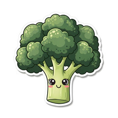 A cute cartoon illustration of a happy broccoli character with a smiling face and big eyes.