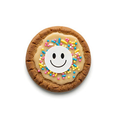 A frosted cookie with sprinkles and a smiley face on a white background.