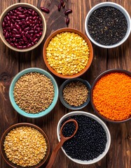 Diverse bowls of beans and lentils displayed on a rustic wooden surface