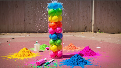 Colorful Holi festival powder and water splashing around decorated eggs  