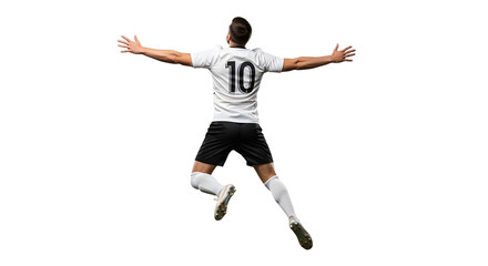 Fototapeta premium Dynamic full body shot of a male soccer player leaping in celebration, arms wide open, captured from the back on a clean white background, showcasing triumph and joy