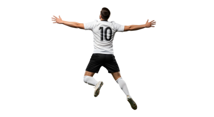 Dynamic full body shot of a male soccer player leaping in celebration, arms wide open, captured from the back on a clean white background, showcasing triumph and joy