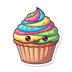 A cute and colorful cartoon cupcake with a happy face and sprinkles.