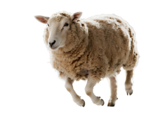 A fluffy sheep with white wool is depicted standing on a plain background, showcasing its thick and woolly coat.