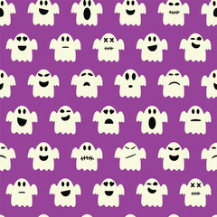Ghost or phantom character with cute smiley face. Halloween cute ghost seamless pattern