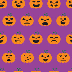 Autumn Halloween seamless pattern orange pumpkins with cute smiley face