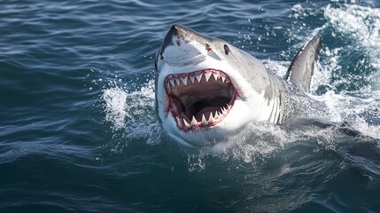 Fototapeta premium Great white shark emerges from water with jaws agape, displaying powerful teeth in a dramatic attack