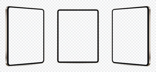 Realistic tablet mockup with blank transparent screen isolated on transparent background. Tablet from different angles.