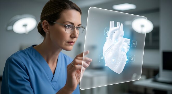 A focused Caucasian female doctor or surgeon interacts with a monochrome 3D heart model on a futuristic virtual screen in a clean, modern operating room