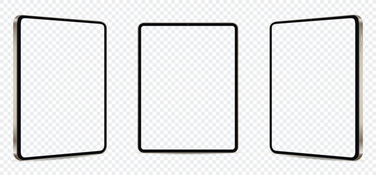 Realistic tablet mockup with blank transparent screen isolated on transparent background. Tablet from different angles.