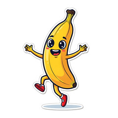 A cheerful, anthropomorphic banana character with arms and legs, wearing red shoes, dancing joyfully.