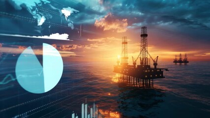 Offshore Oil Rigs at Sunset with Financial Data Overlay - Powered by Adobe