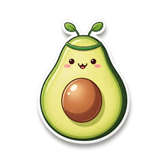 Cute cartoon avocado character with a happy face, leaves, and a headband, isolated on white.