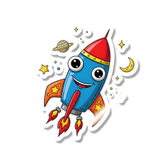Cute cartoon rocket sticker flying in space with stars, moon, and planet, cheerful and colorful illustration for children.
