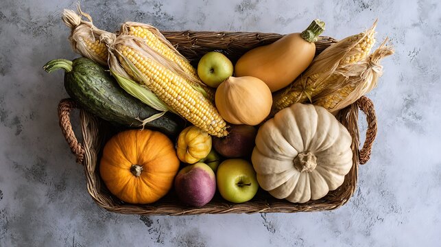 Rustic basket with corn, pumpkins, apples and zucchini. Autumn harvest produce collection. Farm-to-table seasonal vegetables and fruits display