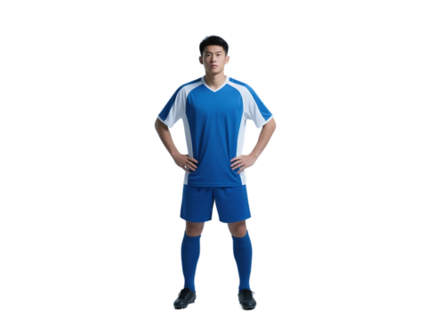 Young male soccer player dressed in blue and white uniform standing with hands on hips, ready for action.