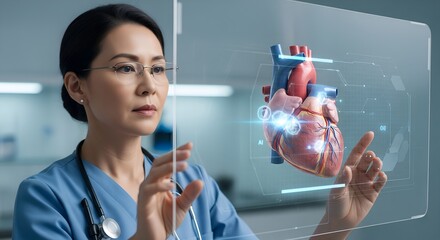 A professional Asian doctor or surgeon touches a virtual holographic screen displaying a detailed 3D cardiac anatomy model in a modern operating theater or laboratory